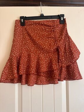 Rust Floral Ruffle Mini Skirt